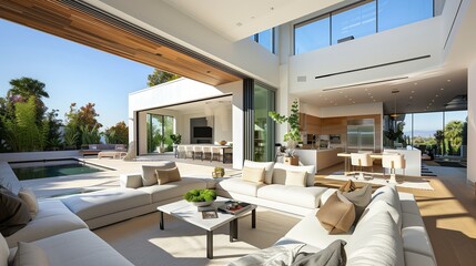 Wall Mural - A high-tech smart home with a seamless indoor-outdoor living space 32k, full ultra hd, high resolution