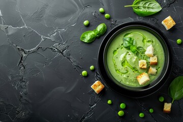 Wall Mural - Light summer soup with peas basil croutons on marble background with copy space