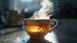 © venusvi - A steaming cup of chamomile tea, with a wisp of steam rising from the surface.