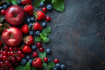 Banner with a set of red fruits, apples, currants, strawberries, blueberries and mint leaves, copy space, top view