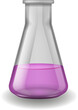 Chemical laboratory glassware. Transparent lab glass bottle with purple liquid. Medical or pharmaceutical science equipment. Vector realistic isolated test container illustration