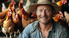 Farmer With Chickens At The Background Posing For Portrait And Smile To Camera 