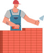Builder cartoon flat illustration. Professional construction worker builds brick house wall. Man uniform and helmet holding cement bricklayer, home renovation. Vector repairman graphic