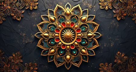 Wall Mural - Complete golden mandala with decorative pattern frame isolated on a dark background