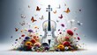 A violin lies in the center, encircled by vibrant flowers and fluttering butterflies. The delicate instrument contrasts with the colorful and lively natural elements surrounding it.