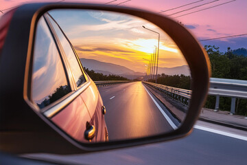 highway view in car mirror at sunset