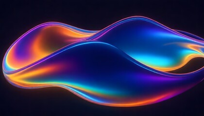 Poster - Abstract dark holographic iridescent neon background fluid liquid glass curved wave in motion 3d render. Gradient design element for banners, backgrounds, wallpapers, and covers