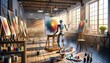 A humanoid robot is standing in front of a painting, seemingly observing the artwork. The robots metallic body contrasts with the colors and textures of the painting behind it.
