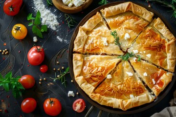 Poster - Greek feta cheese pie with phyllo pastry from above Focus on