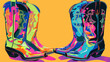 Neon, brightly colored, illustration of Western cowboy boots