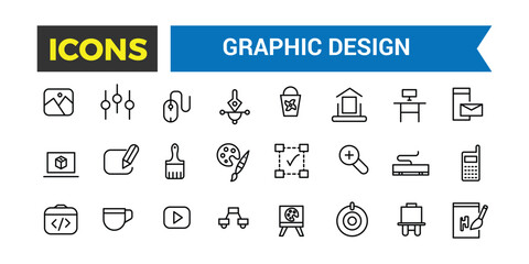 Aufkleber - Set Of Thin Line Icons Of Graphic Design, Icons In A Modern Style Flat, Creative Process, Graphic Design, Creative Package, Stationary, Software, Vector Illustration