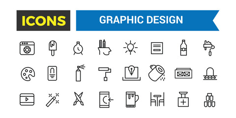 Aufkleber - Set Of Thin Line Icons Of Graphic Design, Icons In A Modern Style Flat, Creative Process, Graphic Design, Creative Package, Stationary, Software, Vector Illustration