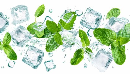 Wall Mural - Mint leaves and ice cubes white background