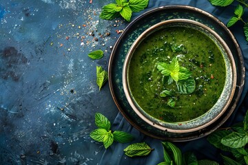 Wall Mural - Minty vegan green soup in deep plate top view Detox vegan meal with organic veggies