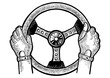 © Oleksandr Pokusai - Hands of racer on car steering wheel sketch engraving PNG illustration. Scratch board style imitation. Black and white hand drawn image.