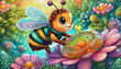 oil painting style CARTOON CHARACTER CUTE baby honey bee collecting nectar from a jar, flower