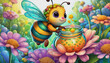 oil painting style CARTOON CHARACTER CUTE baby honey bee collecting nectar from a jar, flower