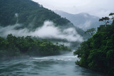 Fototapeta Londyn - Fog over the river with mountain