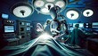 A robot is seen operating in a busy hospital operating room, assisting medical staff during a surgical procedure. The robot is equipped with advanced technology to aid in precision tasks and improve