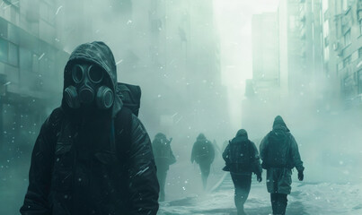 Post-apocalypse in a big city, a man walks in a gas mask