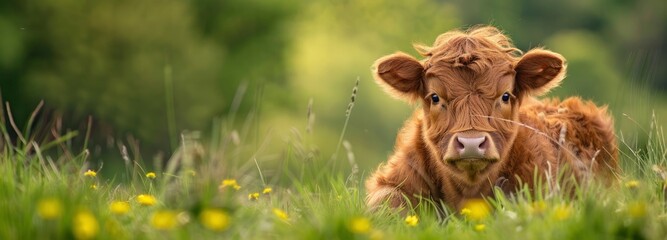 A cute baby Highland cow, sitting in the lush green grass field