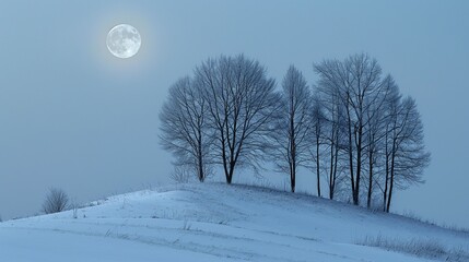 Poster - AI-generated illustration of the full moon illuminating a snowy hill and trees