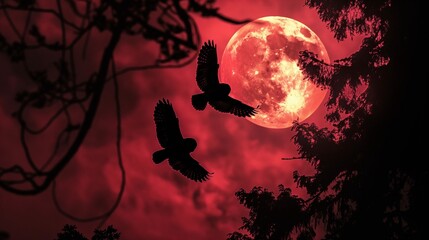 Poster - AI-generated illustration of two owls soaring under a vibrant red moonlit sky