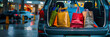 The back of a SUV packed with vibrant shopping bags signifies a successful shopping spree