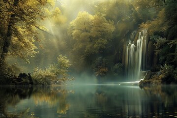 Poster - AI generated illustration of sunlight filtering through trees with a waterfall win the background