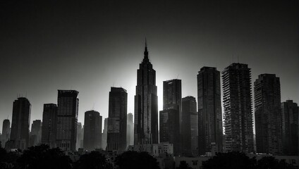 Wall Mural - tall buildings with the sun behind them are black and white