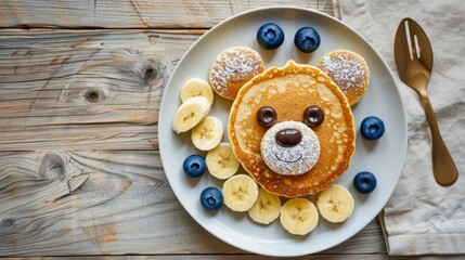 Plate with cute bear made of pancakes and fruits generative ai