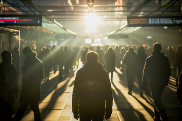 Wall Mural - people in silhouette are on a walkway under the light of the setting sun