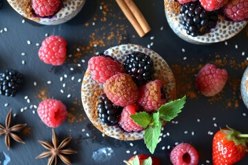 Sticker - Overhead view of chia hemp and flax pudding cups with berries and cinnamon prepared to eat