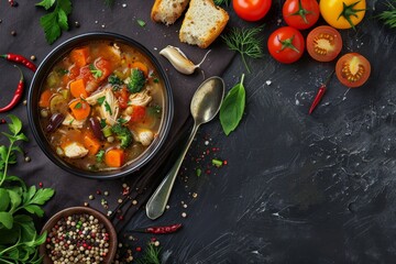 Wall Mural - Overhead view of homemade soup on dark slate background