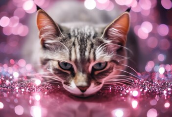 Wall Mural - AI generated illustration of a cat in the style of glitter and diamond dust and soft light