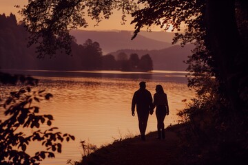 Wall Mural - AI generated illustration of a couple strolling by the lake shore during sunset