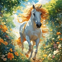 Sticker - AI generated illustration of a colorful painting of a galloping horse in a flowery field