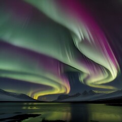 Wall Mural - AI generated illustration of Northern lights illuminating a lake with mountains in the backdrop