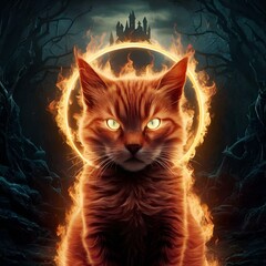 Sticker - AI generated illustration of an orange cat with blue eyes poses in front of a fiery forest backdrop