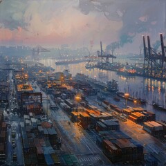 Poster - A busy shipping yard at dawn 