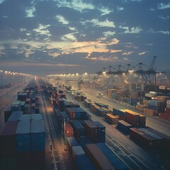 Poster - A busy shipping yard at dawn 