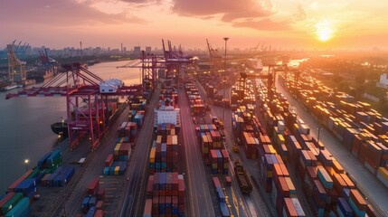 Poster - A busy shipping yard at dawn. 