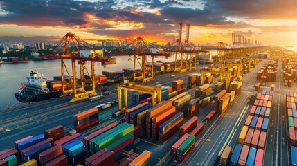Poster - A busy shipping yard at dawn. 