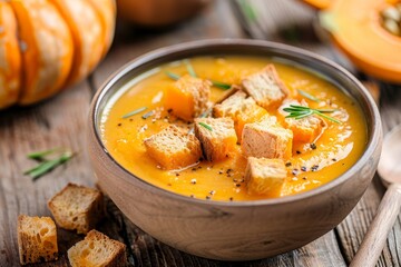 Sticker - Pumpkin soup with croutons on wooden surface