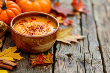 Sticker - Pumpkin soup with fall leaves on a wood table