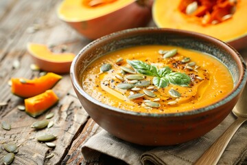 Wall Mural - Pumpkin soup with seeds in a bowl on wooden table