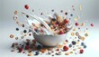 A white bowl is filled with a mixture of cereal and milk, creating a breakfast meal. The milk is soaking the cereal, making it ready to eat.
