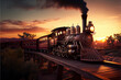 A steam locomotive from the times of the Wild West rides over a wooden bridge. AI generated.
