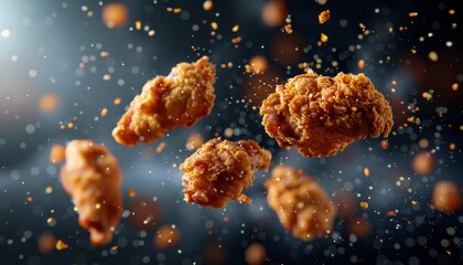 Poster - Realistic freeze shot of flying fried chicken