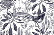 Exotic flowers and pheasant bird. Seamless floral pattern.Vintage Vector